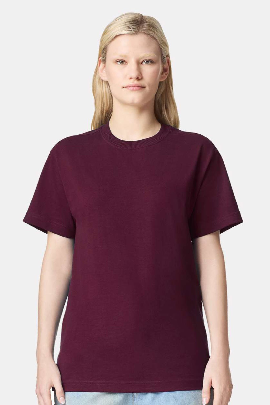 American Apparel 9001 Mens Super Heavyweight Short Sleeve Crewneck T-Shirt Burgundy Model Front