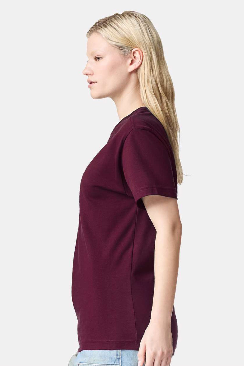 American Apparel 9001 Mens Super Heavyweight Short Sleeve Crewneck T-Shirt Burgundy Model Side