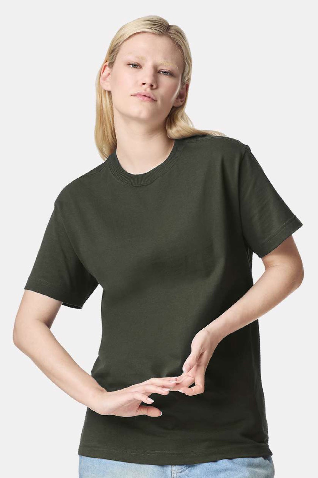 American Apparel 9001 Mens Super Heavyweight Short Sleeve Crewneck T-Shirt Lieutenant Green Model Front