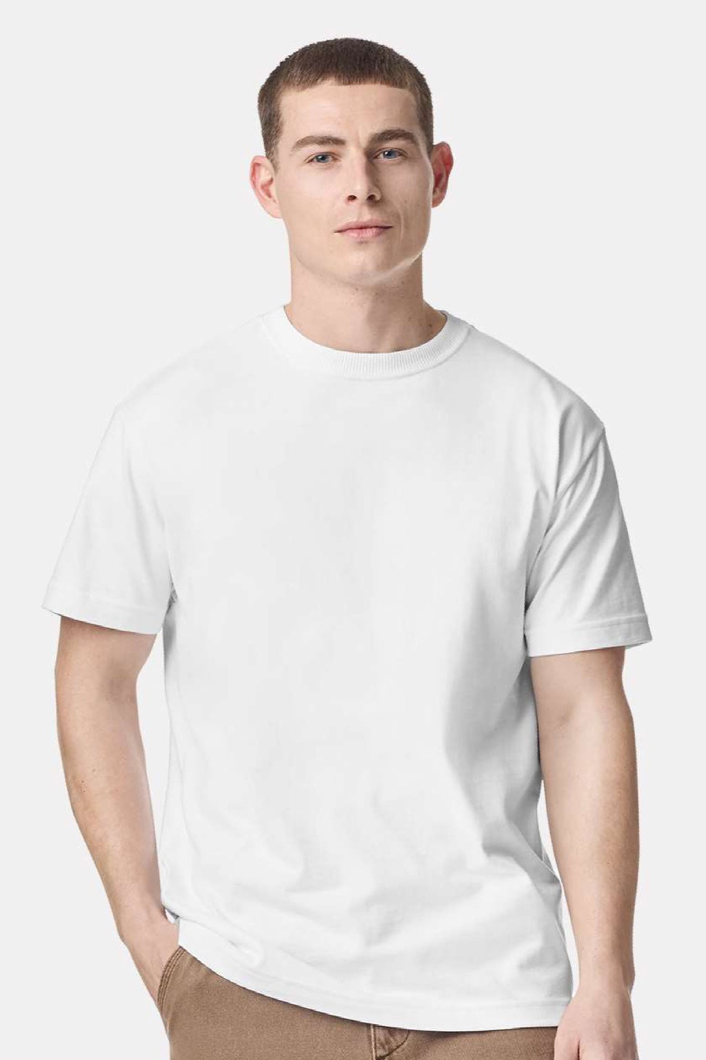 American Apparel 9001 Mens Super Heavyweight Short Sleeve Crewneck T-Shirt White Model Front