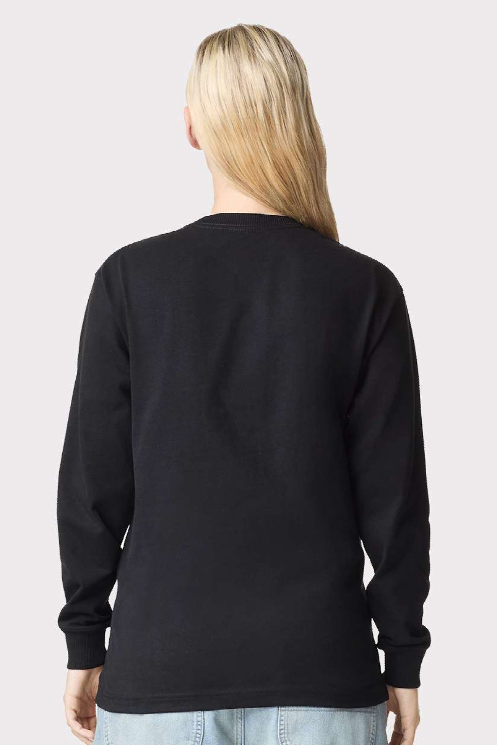 American Apparel 9410 Mens Super Heavyweight Long Sleeve T-Shirt w/ Pocket Black Model Back