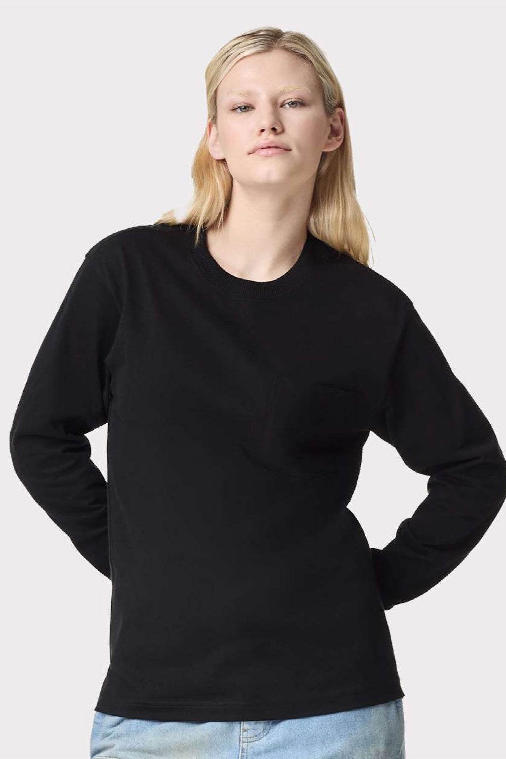 American Apparel 9410 Mens Super Heavyweight Long Sleeve T-Shirt w/ Pocket Black Model Front