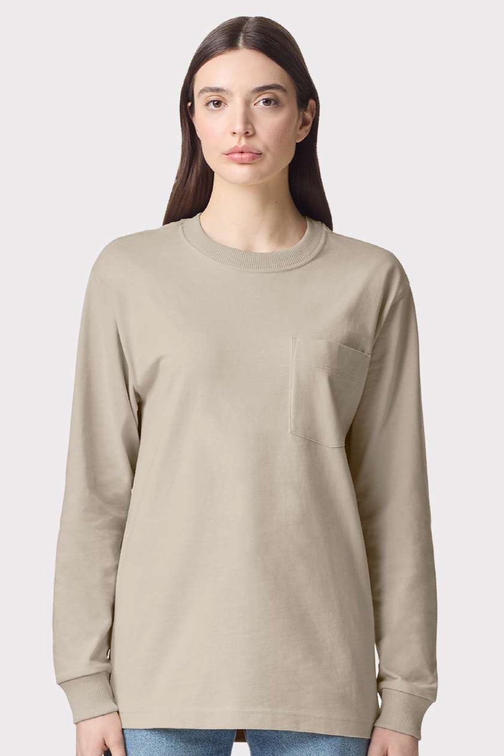 American Apparel 9410 Mens Super Heavyweight Long Sleeve T-Shirt w/ Pocket Bone Model Front