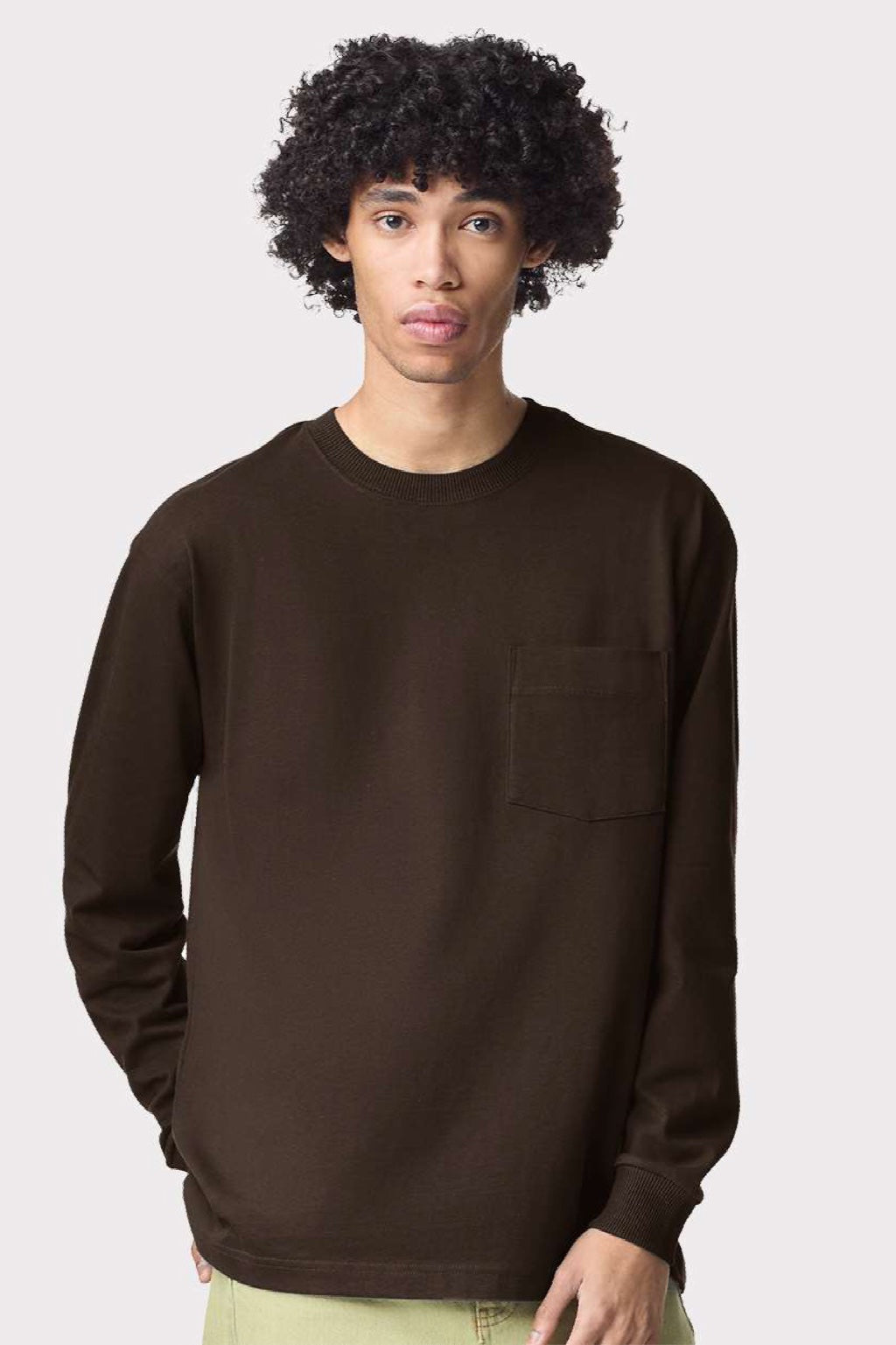 American Apparel 9410 Mens Super Heavyweight Long Sleeve T-Shirt w/ Pocket Brown Model Front