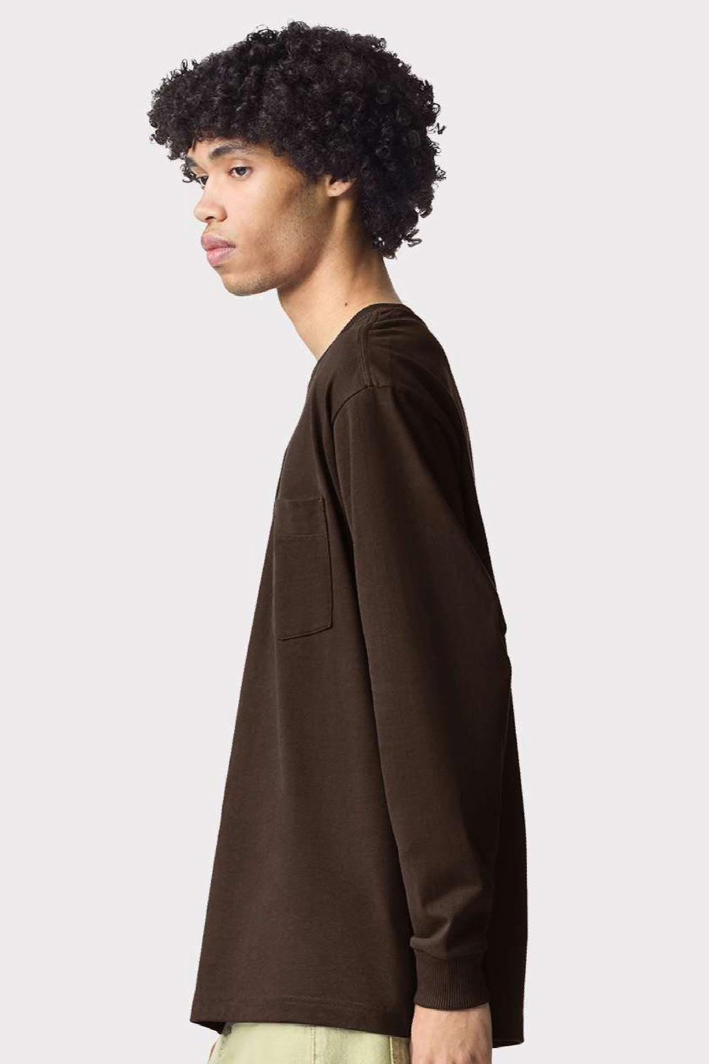 American Apparel 9410 Mens Super Heavyweight Long Sleeve T-Shirt w/ Pocket Brown Model Side