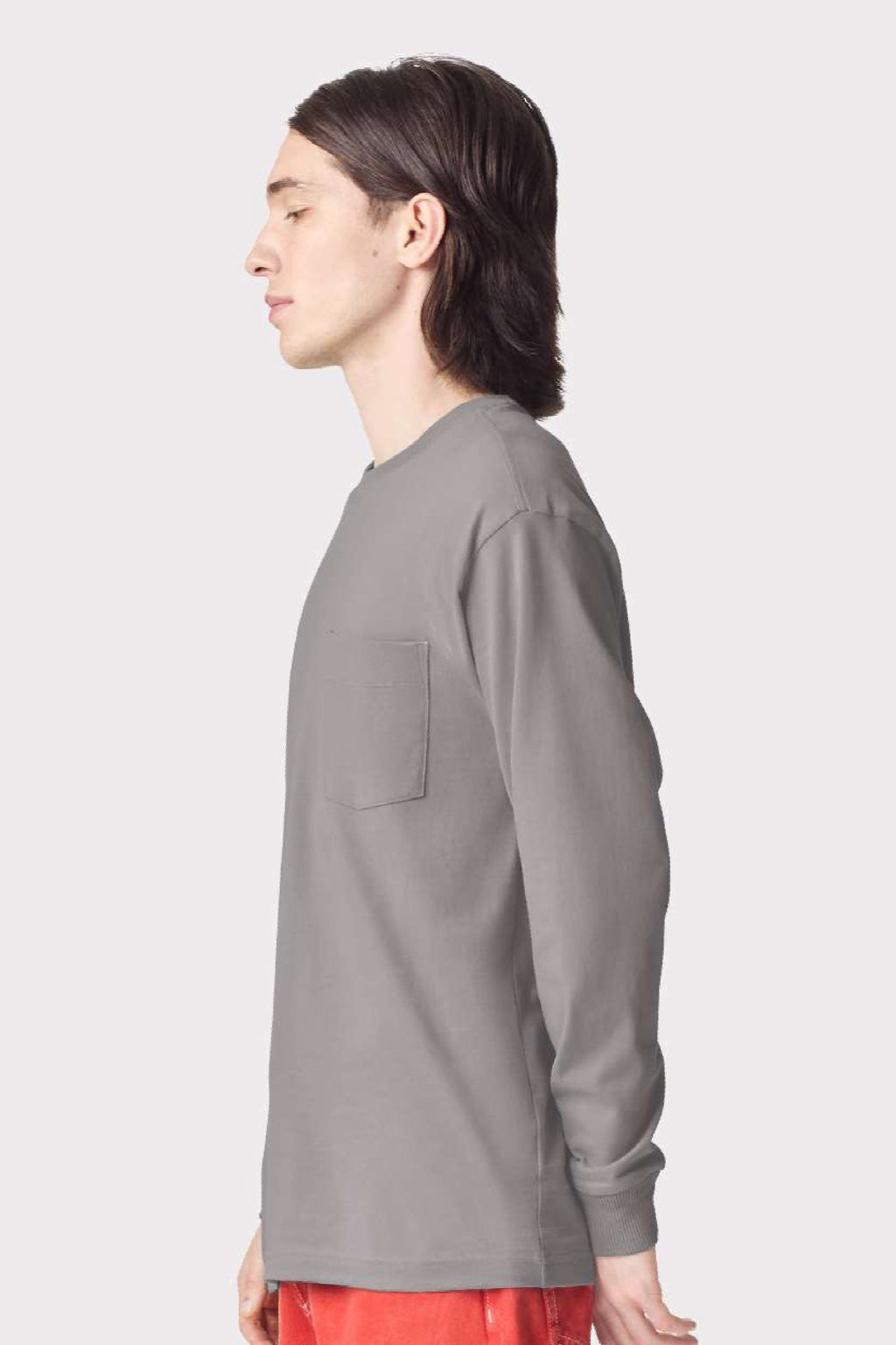 American Apparel 9410 Mens Super Heavyweight Long Sleeve T-Shirt w/ Pocket Gravel Grey Model Side