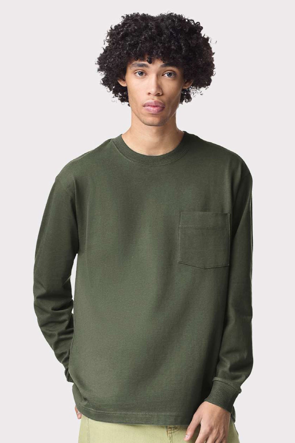 American Apparel 9410 Mens Super Heavyweight Long Sleeve T-Shirt w/ Pocket Lieutenant Green Model Front