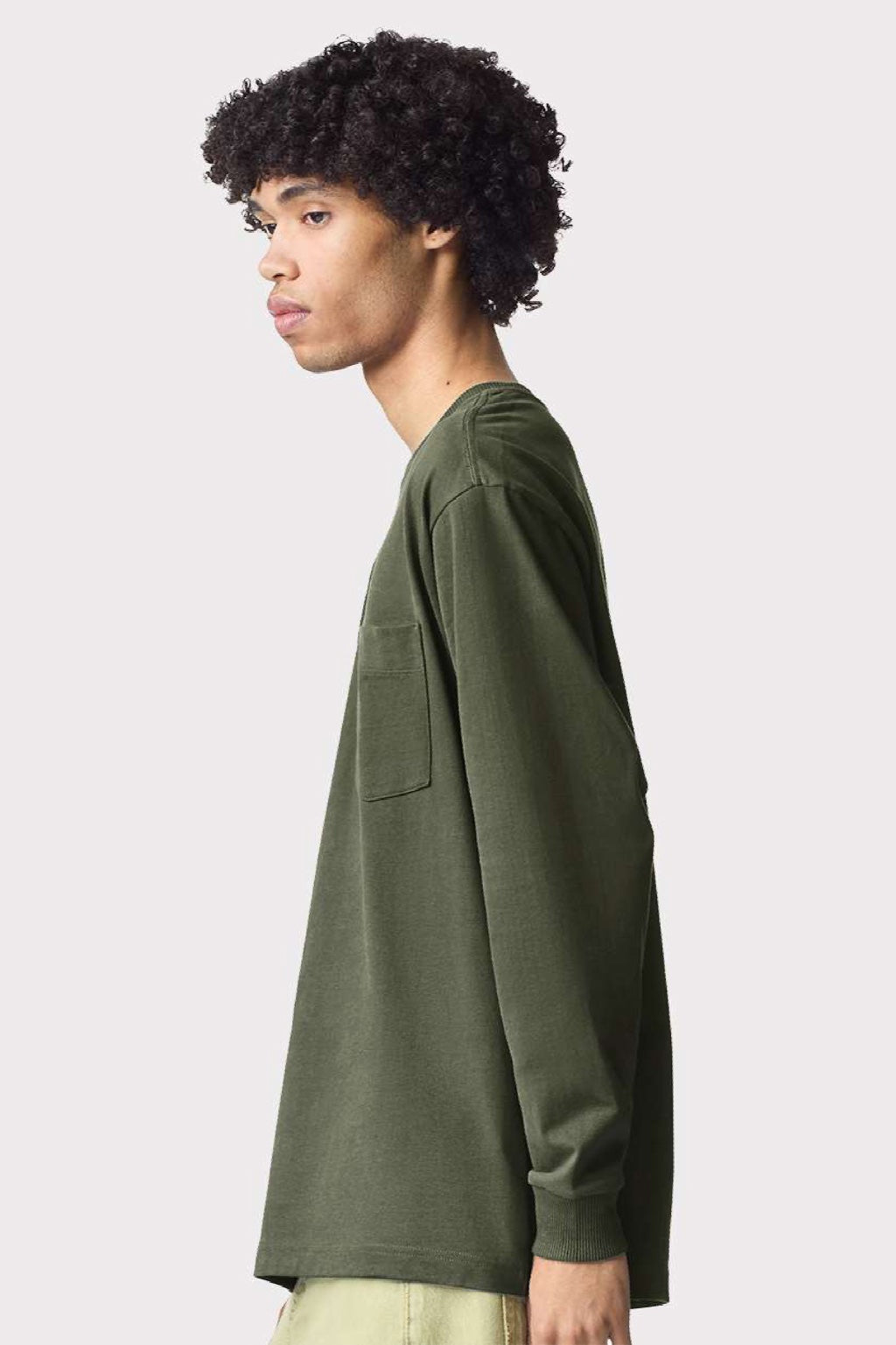 American Apparel 9410 Mens Super Heavyweight Long Sleeve T-Shirt w/ Pocket Lieutenant Green Model Side