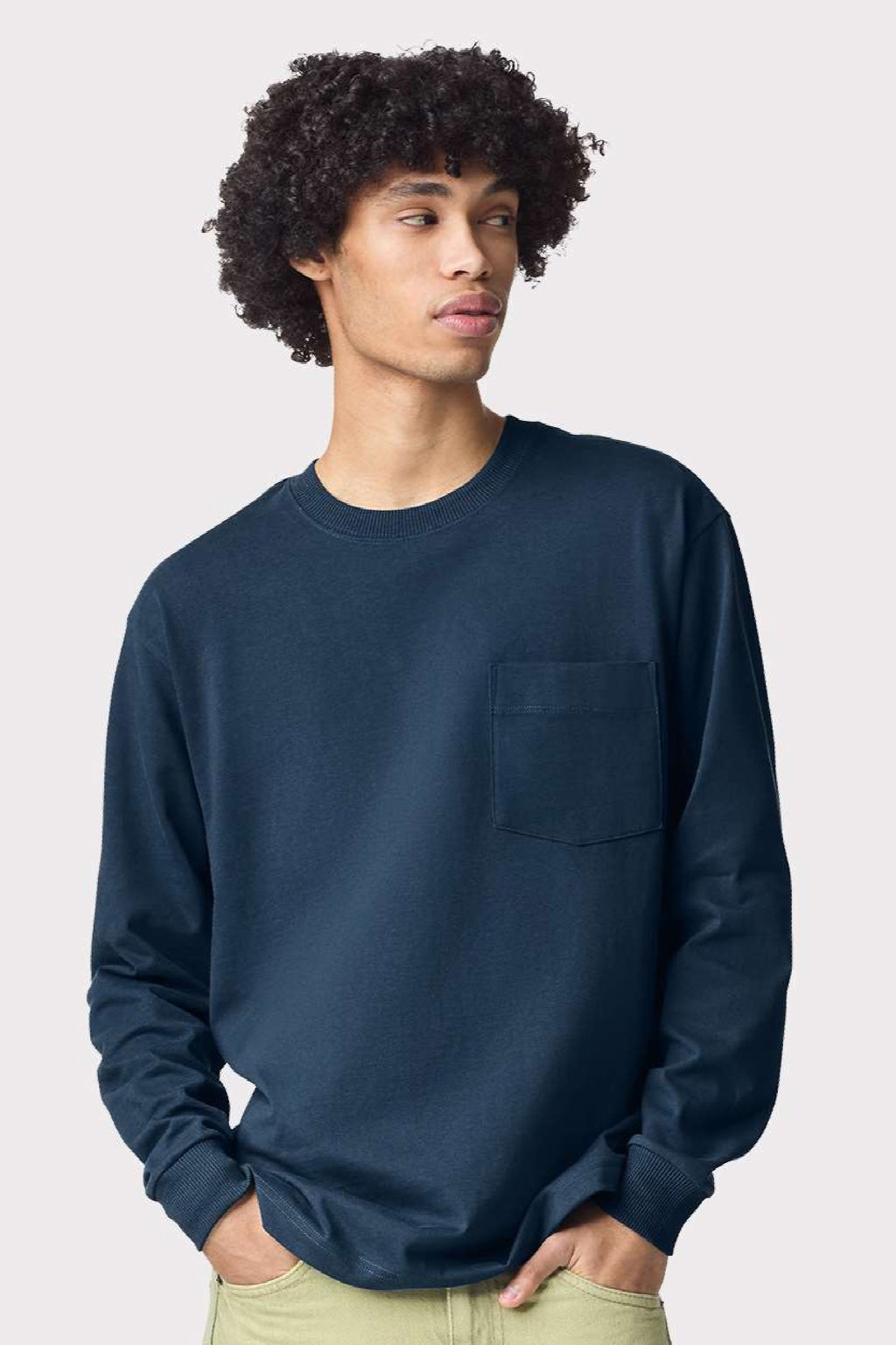 American Apparel 9410 Mens Super Heavyweight Long Sleeve T-Shirt w/ Pocket Sea Blue Model Front