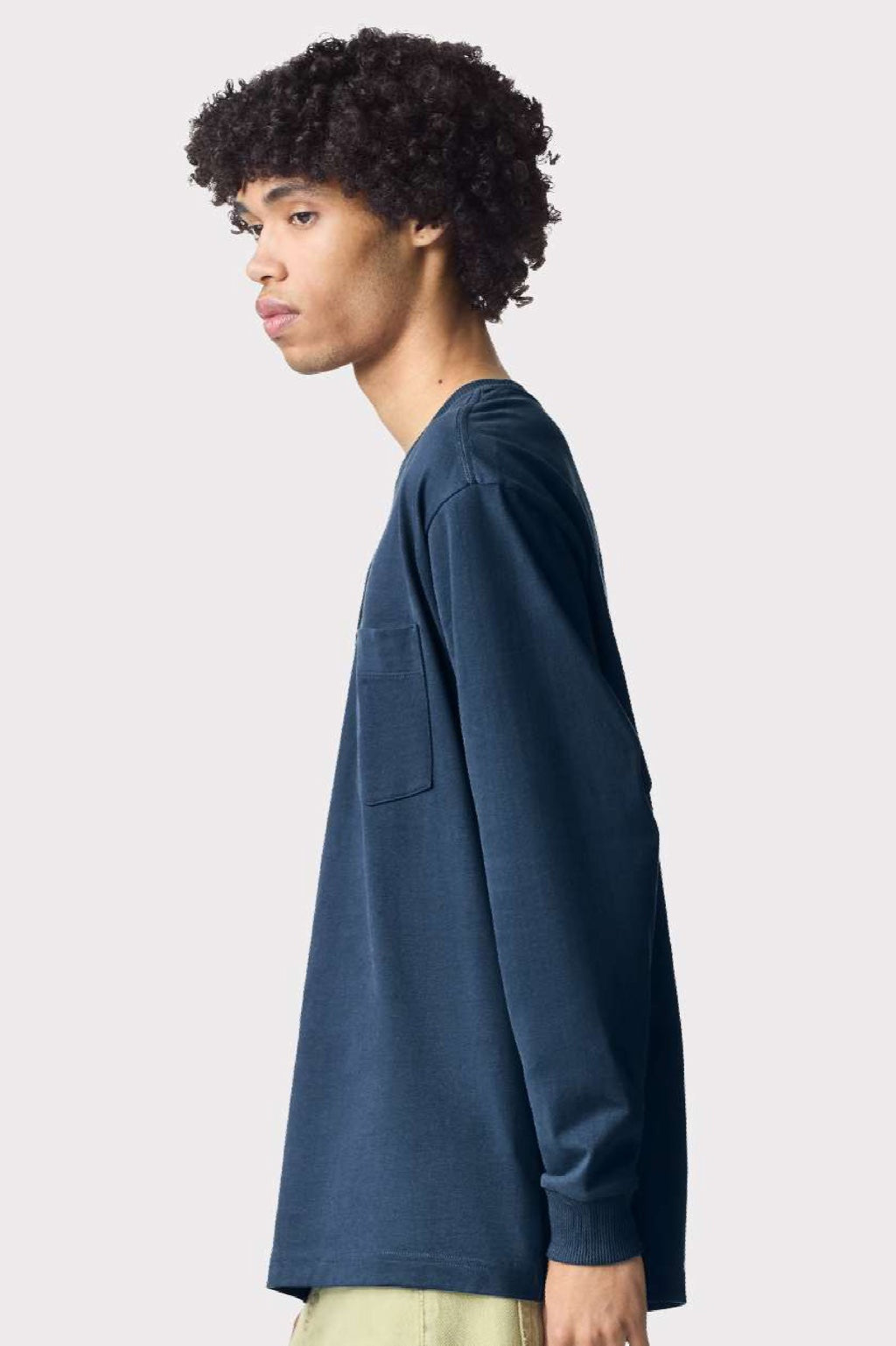 American Apparel 9410 Mens Super Heavyweight Long Sleeve T-Shirt w/ Pocket Sea Blue Model Side