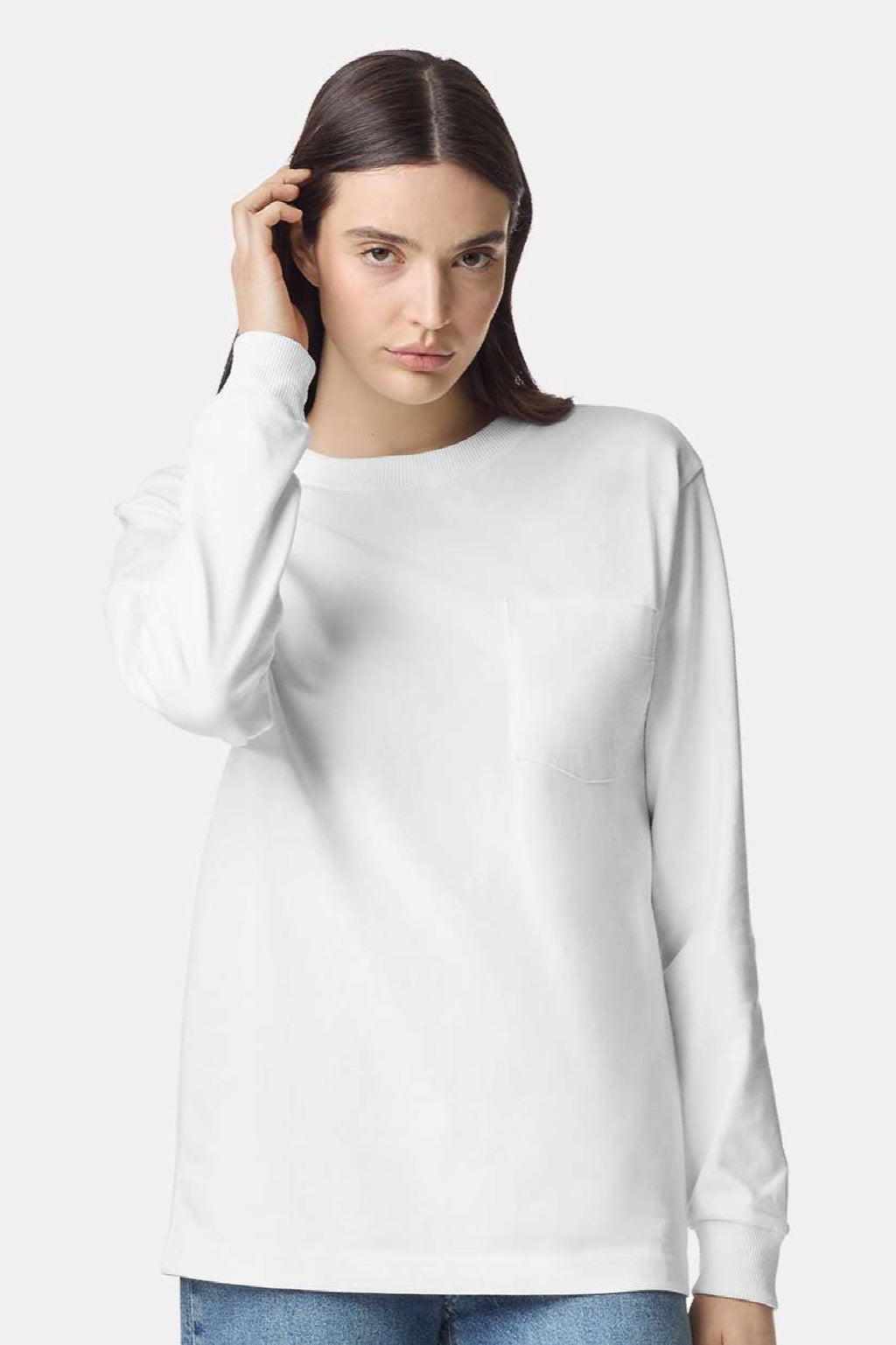 American Apparel 9410 Mens Super Heavyweight Long Sleeve T-Shirt w/ Pocket White Model Front