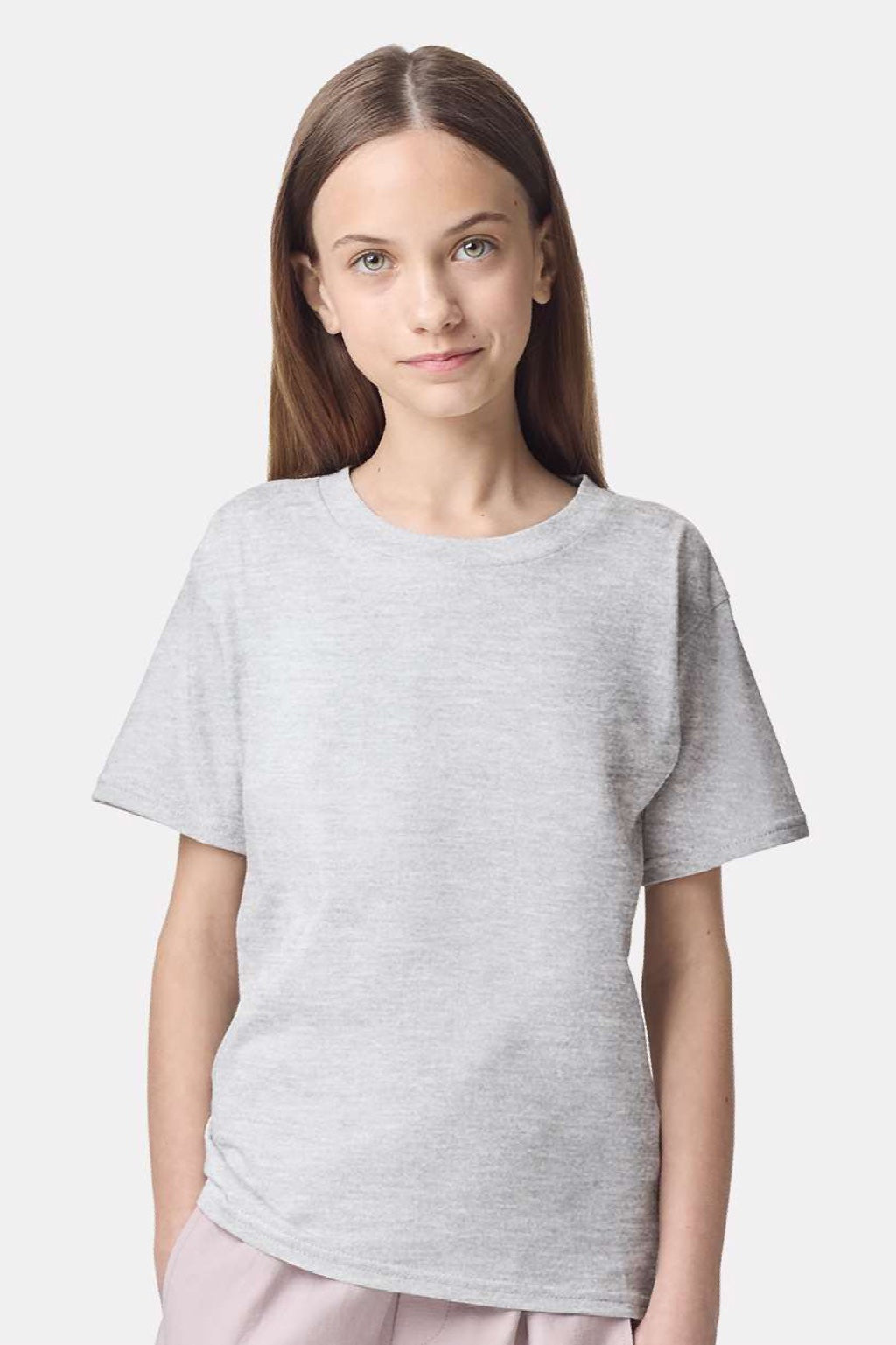 American Apparel 2001Y Youth Fine Jersey Short Sleeve Crewneck T-Shirt Ash Grey Model Front
