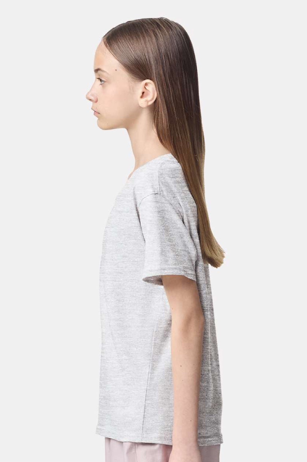 American Apparel 2001Y Youth Fine Jersey Short Sleeve Crewneck T-Shirt Ash Grey Model Side
