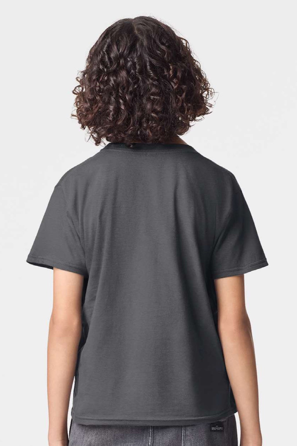 American Apparel 2001Y Youth Fine Jersey Short Sleeve Crewneck T-Shirt Asphalt Grey Model Back