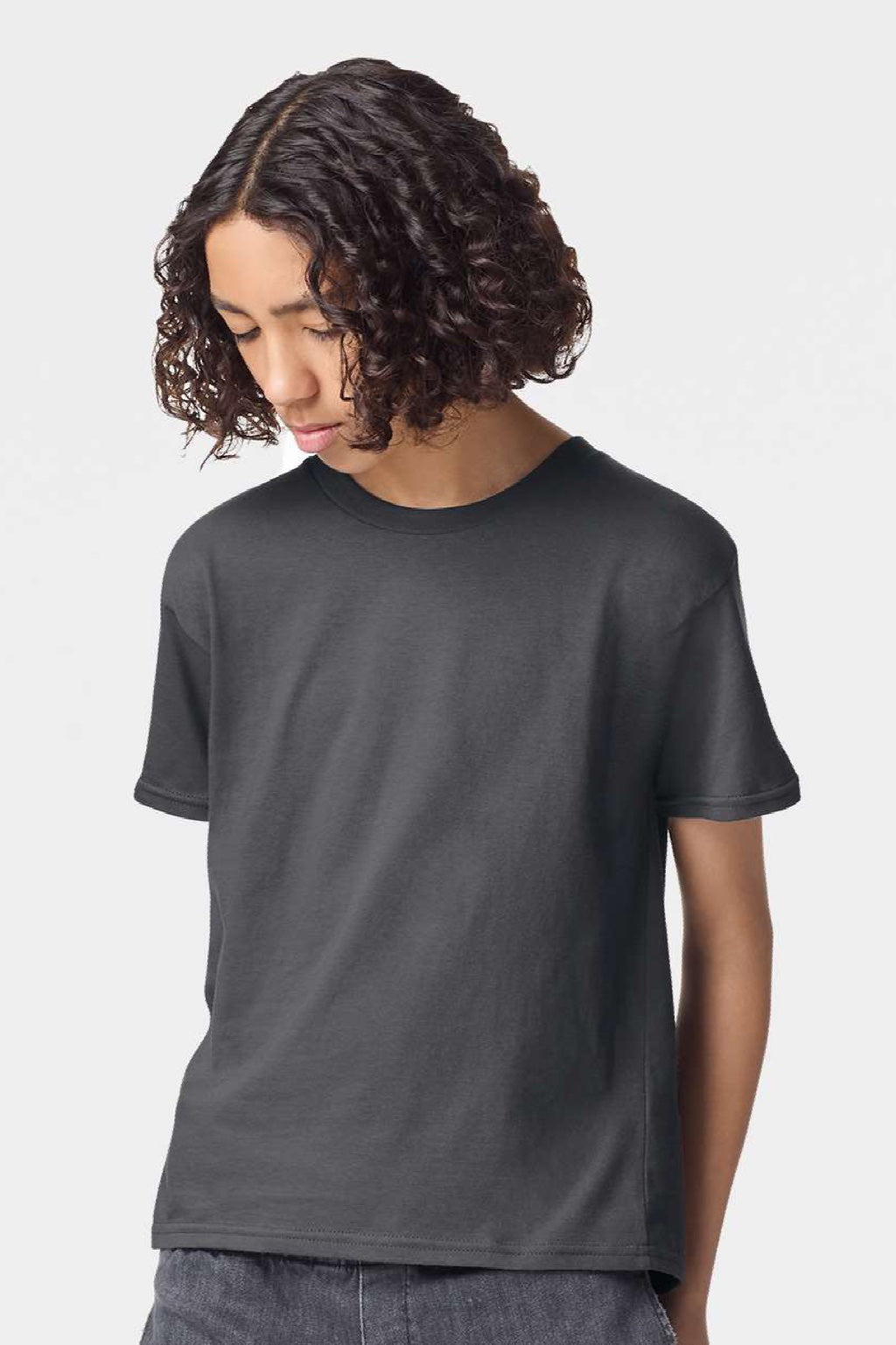 American Apparel 2001Y Youth Fine Jersey Short Sleeve Crewneck T-Shirt Asphalt Grey Model Front
