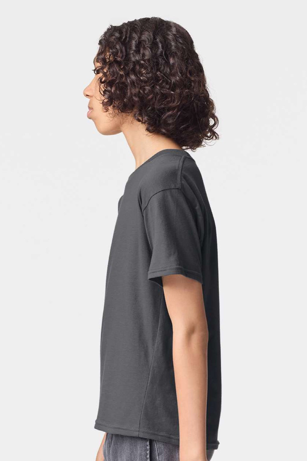 American Apparel 2001Y Youth Fine Jersey Short Sleeve Crewneck T-Shirt Asphalt Grey Model Side