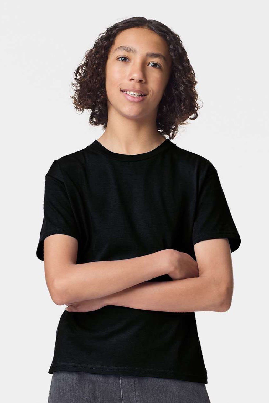 American Apparel 2001Y Youth Fine Jersey Short Sleeve Crewneck T-Shirt Black Model Front