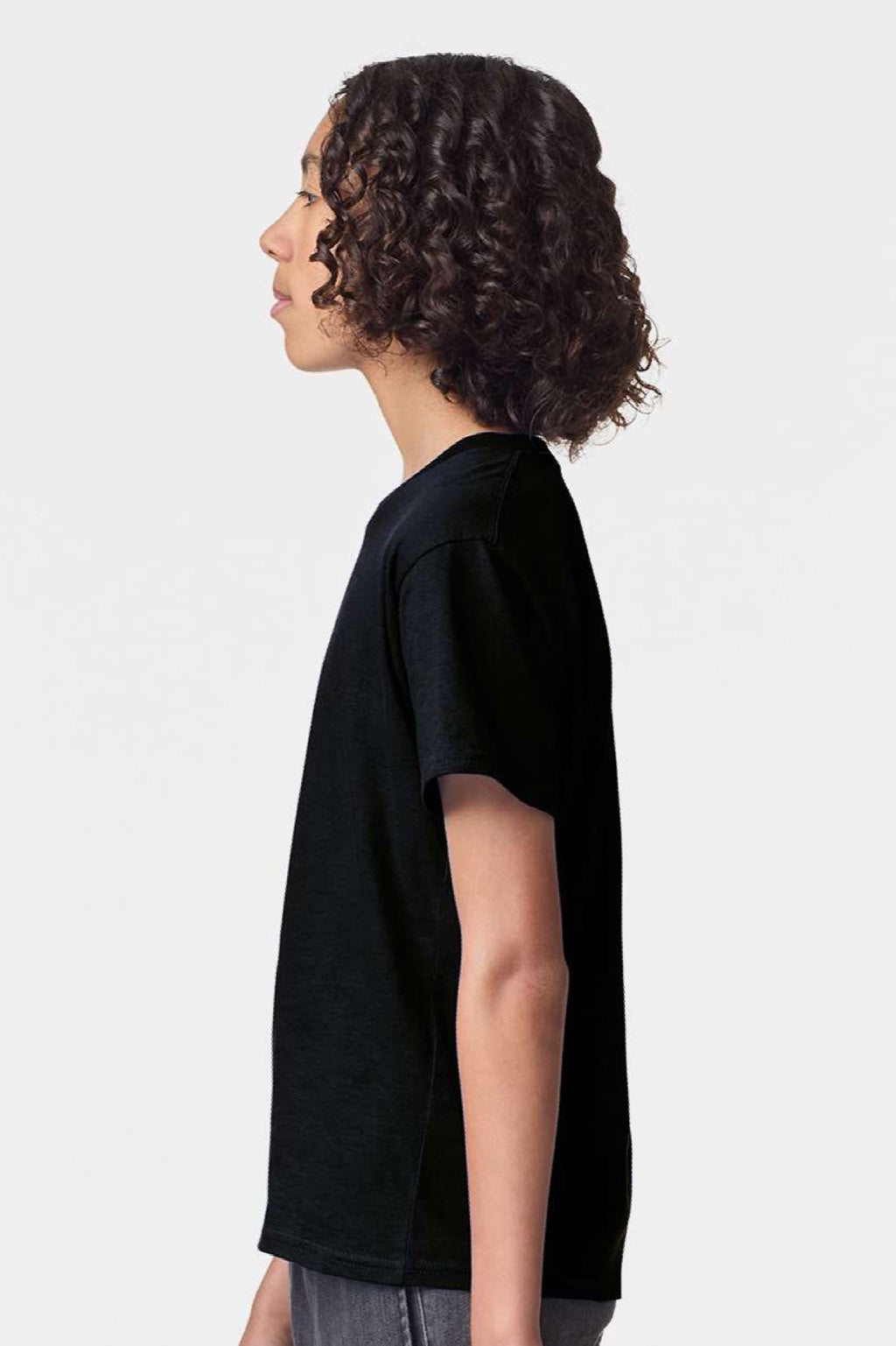 American Apparel 2001Y Youth Fine Jersey Short Sleeve Crewneck T-Shirt Black Model Side