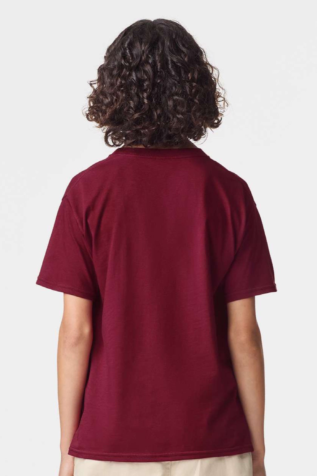 American Apparel 2001Y Youth Fine Jersey Short Sleeve Crewneck T-Shirt Cranberry Red Model Back
