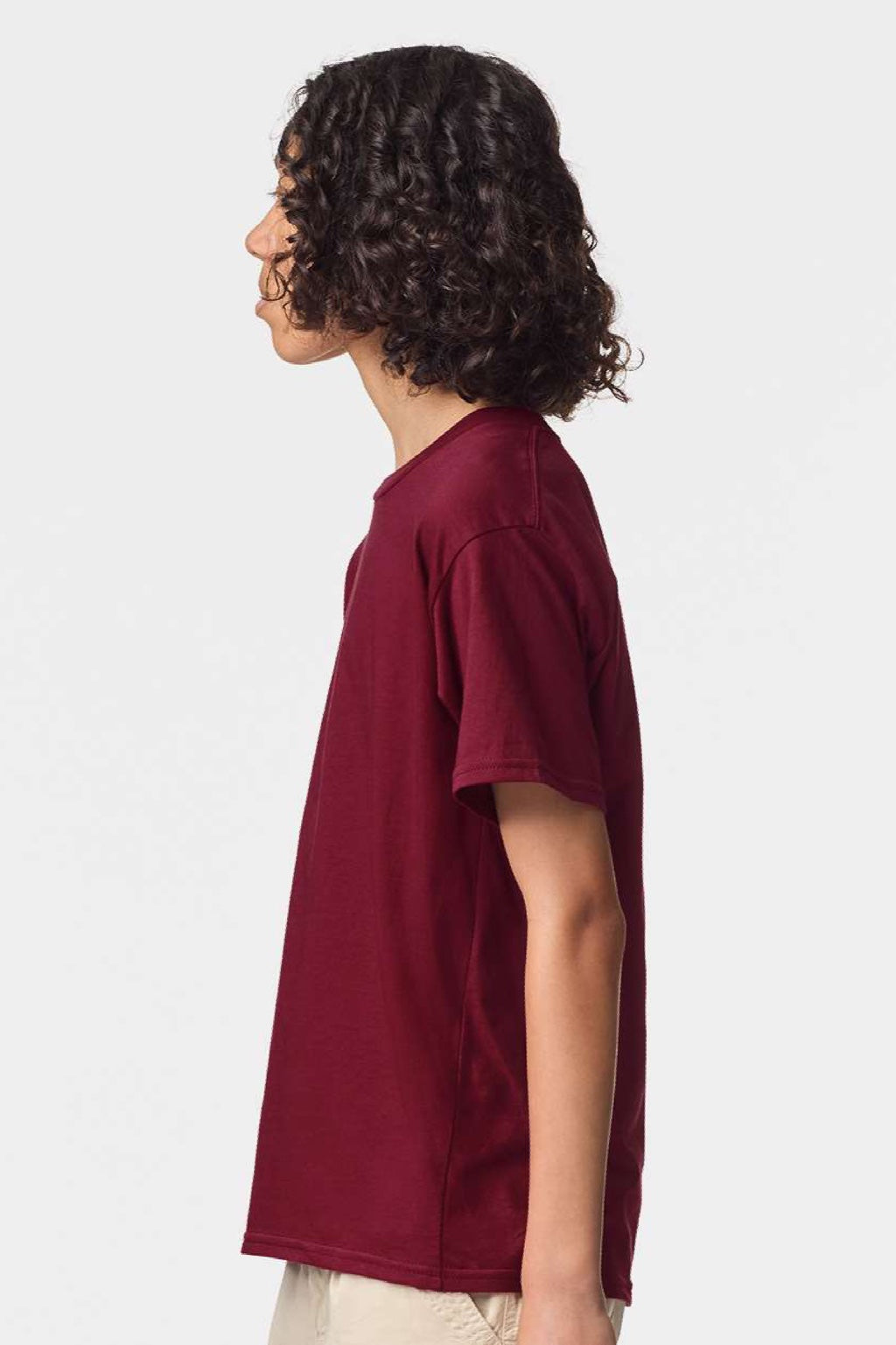 American Apparel 2001Y Youth Fine Jersey Short Sleeve Crewneck T-Shirt Cranberry Red Model Side