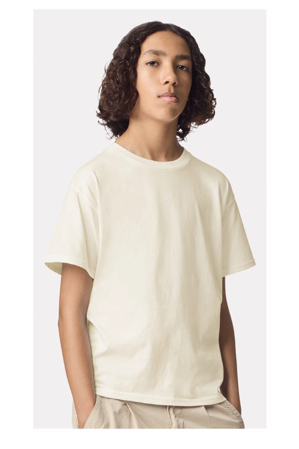 American Apparel 2001Y Youth Fine Jersey Short Sleeve Crewneck T-Shirt Cream Model Front