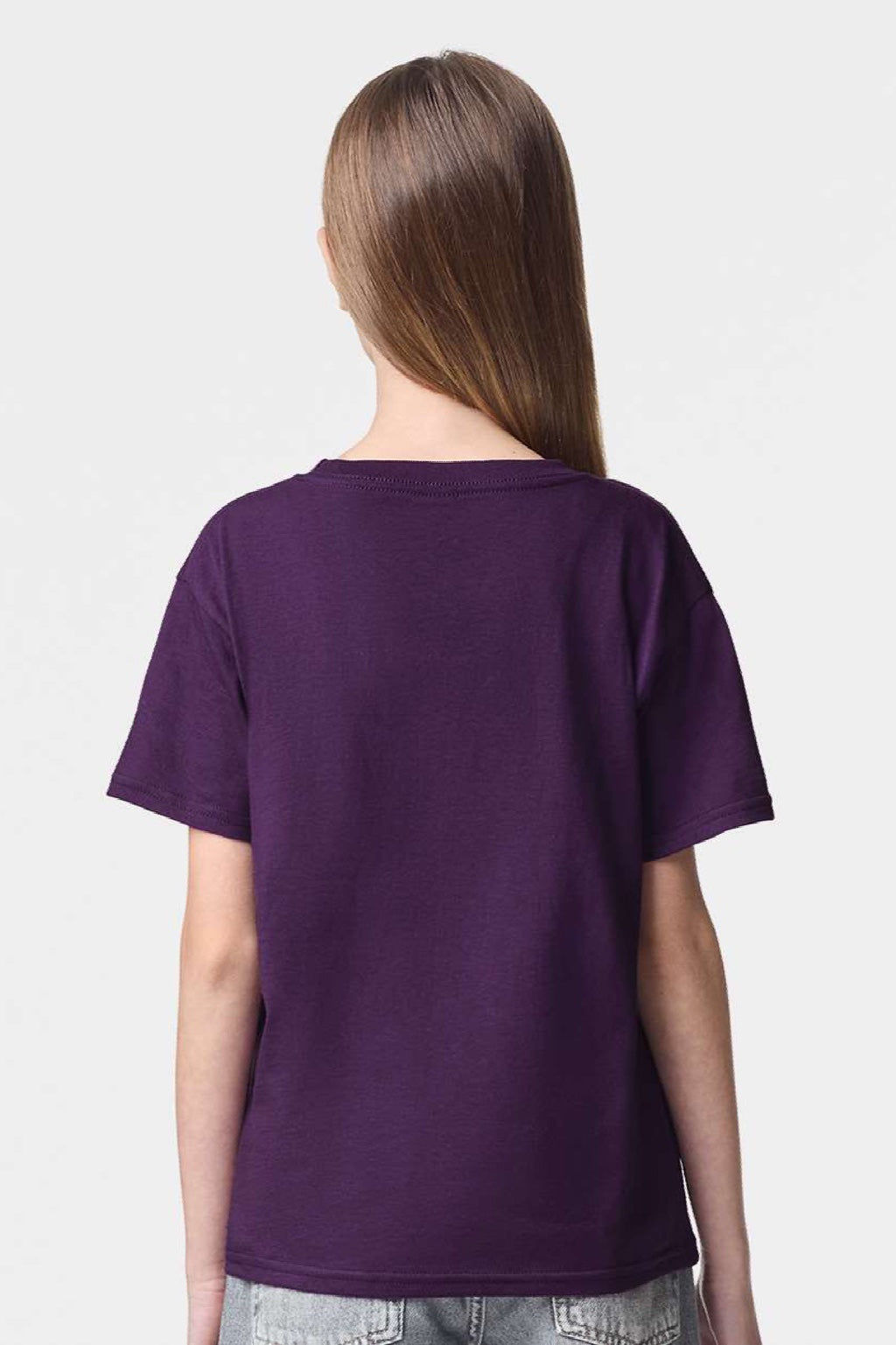 American Apparel 2001Y Youth Fine Jersey Short Sleeve Crewneck T-Shirt Eggplant Purple Model Back