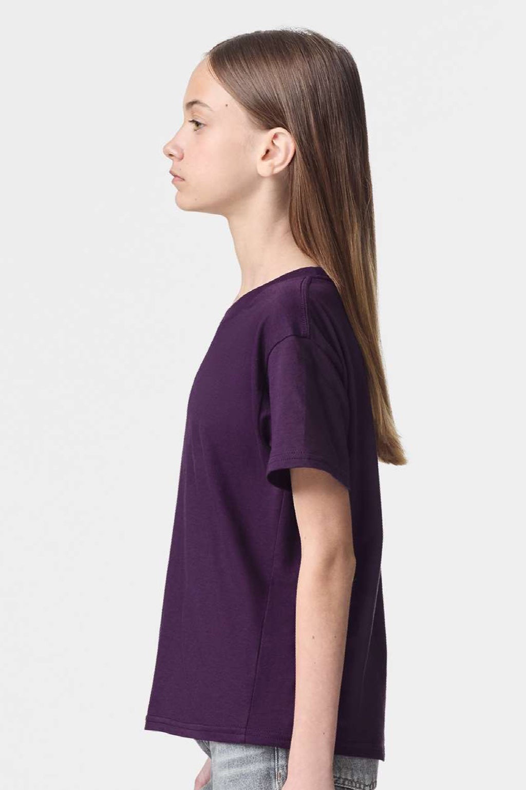 American Apparel 2001Y Youth Fine Jersey Short Sleeve Crewneck T-Shirt Eggplant Purple Model Side