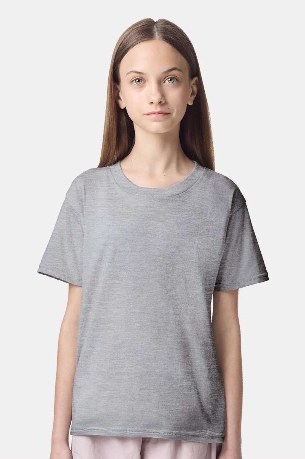 American Apparel 2001Y Youth Fine Jersey Short Sleeve Crewneck T-Shirt Heather Grey Model Front