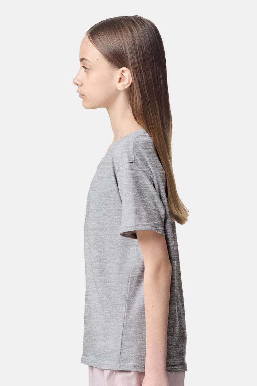 American Apparel 2001Y Youth Fine Jersey Short Sleeve Crewneck T-Shirt Heather Grey Model Side