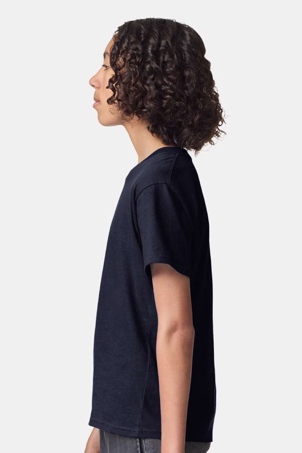 American Apparel 2001Y Youth Fine Jersey Short Sleeve Crewneck T-Shirt Navy Blue Model Side