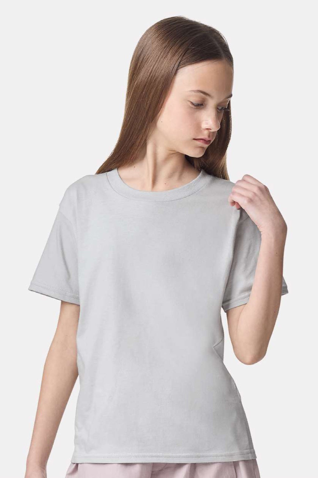 American Apparel 2001Y Youth Fine Jersey Short Sleeve Crewneck T-Shirt New Silver Grey Model Front