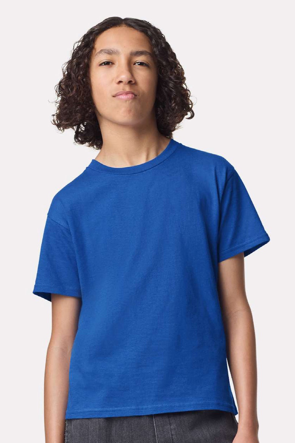 American Apparel 2001Y Youth Fine Jersey Short Sleeve Crewneck T-Shirt Royal Blue Model Front