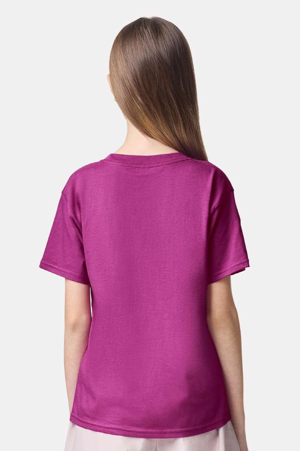 American Apparel 2001Y Youth Fine Jersey Short Sleeve Crewneck T-Shirt Super Pink Model Back