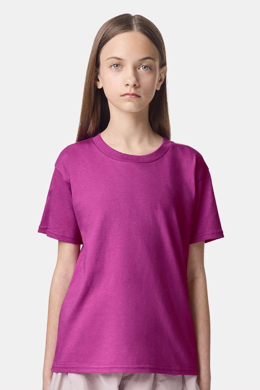 American Apparel 2001Y Youth Fine Jersey Short Sleeve Crewneck T-Shirt Super Pink Model Front