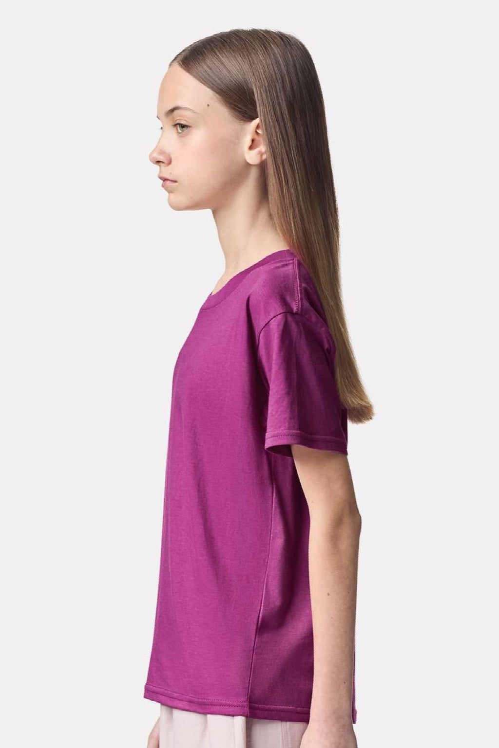 American Apparel 2001Y Youth Fine Jersey Short Sleeve Crewneck T-Shirt Super Pink Model Side