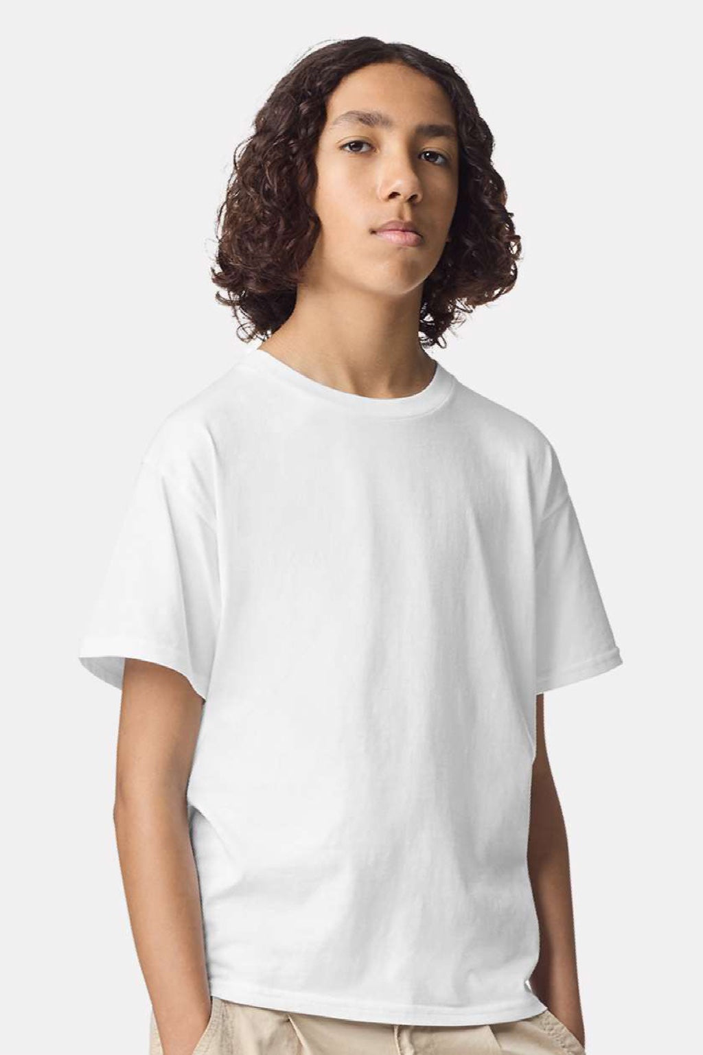 American Apparel 2001Y Youth Fine Jersey Short Sleeve Crewneck T-Shirt White Model Front
