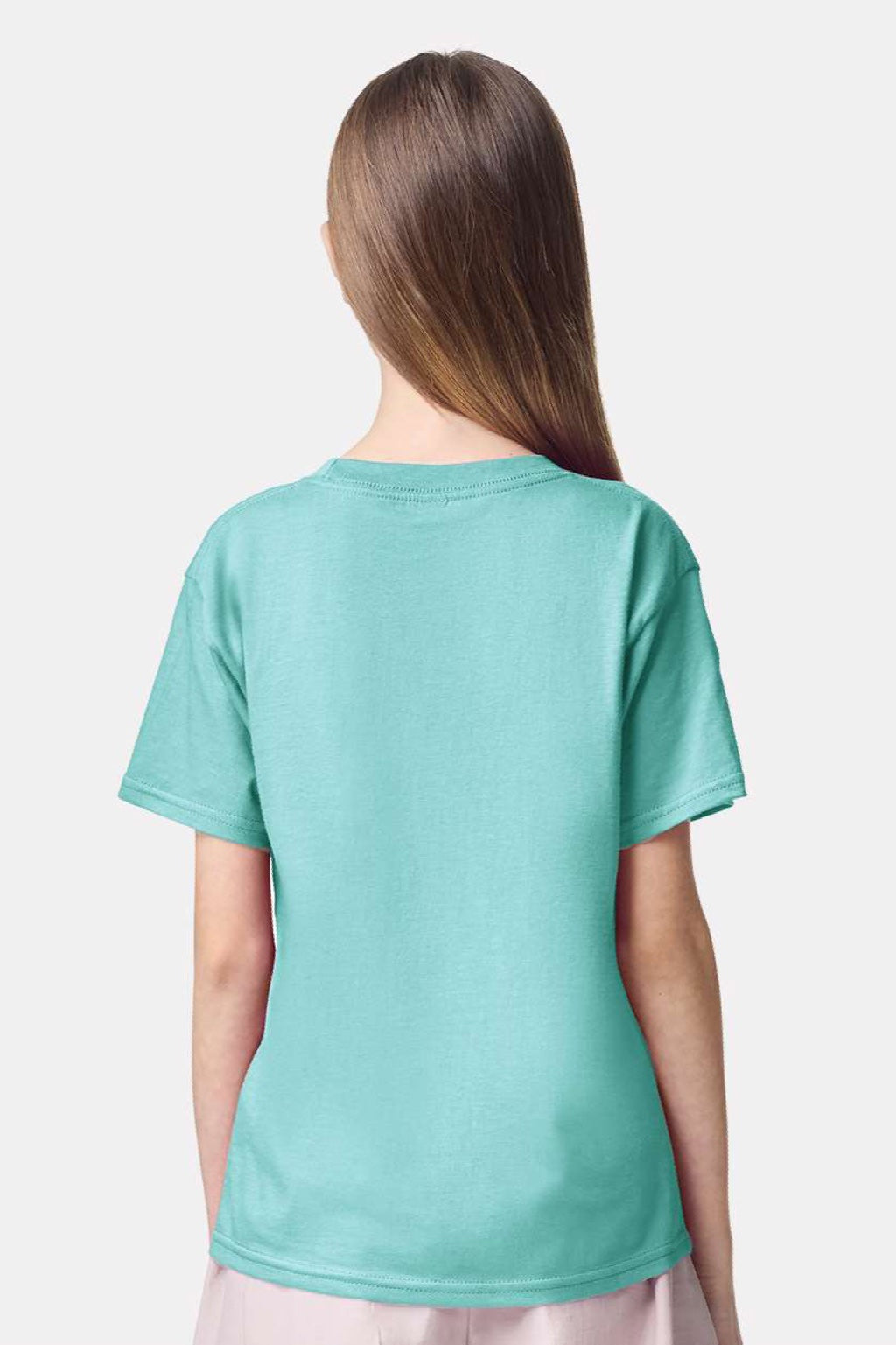 American Apparel 2001Y Youth Fine Jersey Short Sleeve Crewneck T-Shirt Celadon Blue Model Back