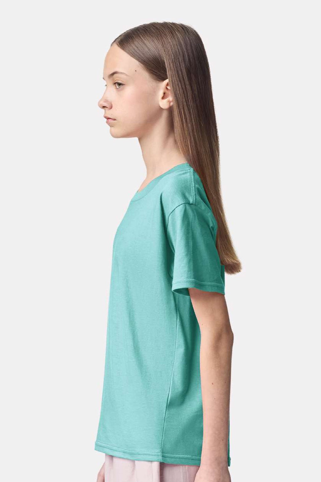 American Apparel 2001Y Youth Fine Jersey Short Sleeve Crewneck T-Shirt Celadon Blue Model Side