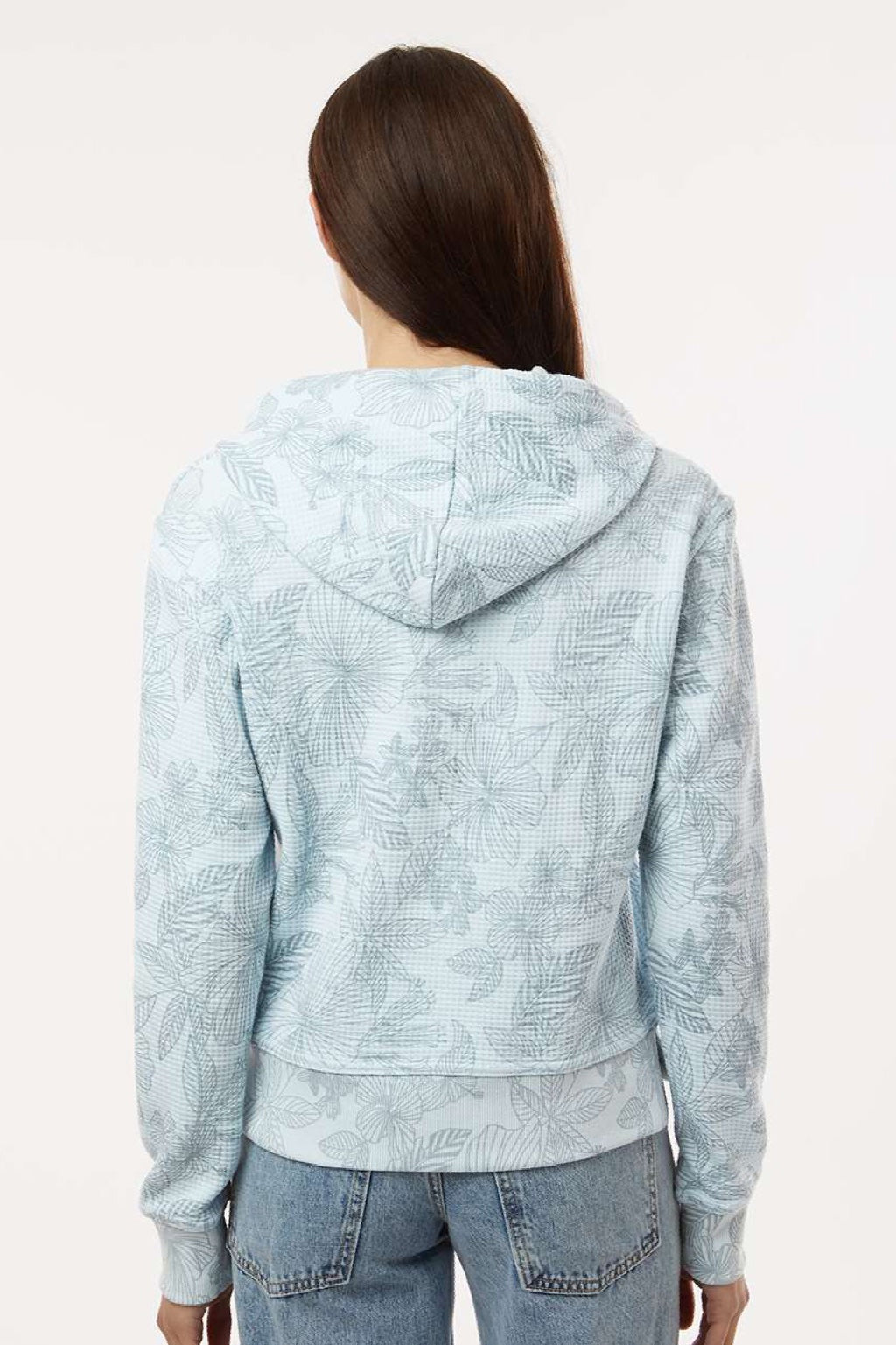 MV Sport W24105 Womens Maddie Floral Print Hooded Sweatshirt Hoodie Arctic Blue Model Back