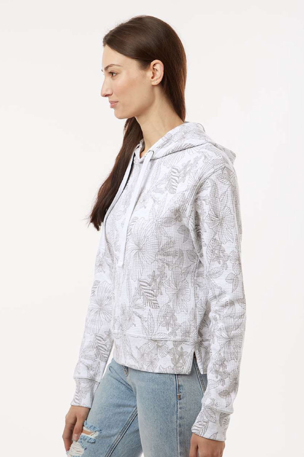 MV Sport W24105 Womens Maddie Floral Print Hooded Sweatshirt Hoodie Ash Grey Model Side