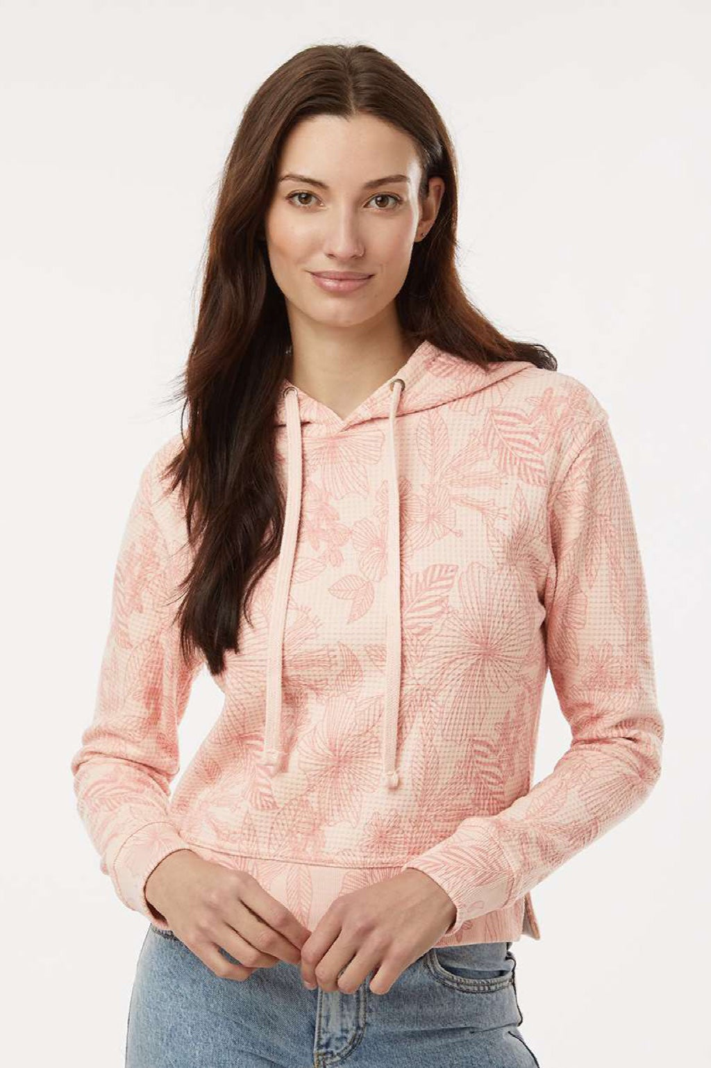 MV Sport W24105 Womens Maddie Floral Print Hooded Sweatshirt Hoodie Cameo Pink Model Front