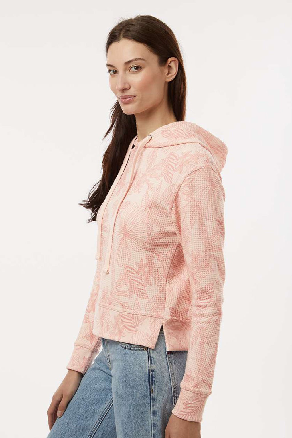 MV Sport W24105 Womens Maddie Floral Print Hooded Sweatshirt Hoodie Cameo Pink Model Side