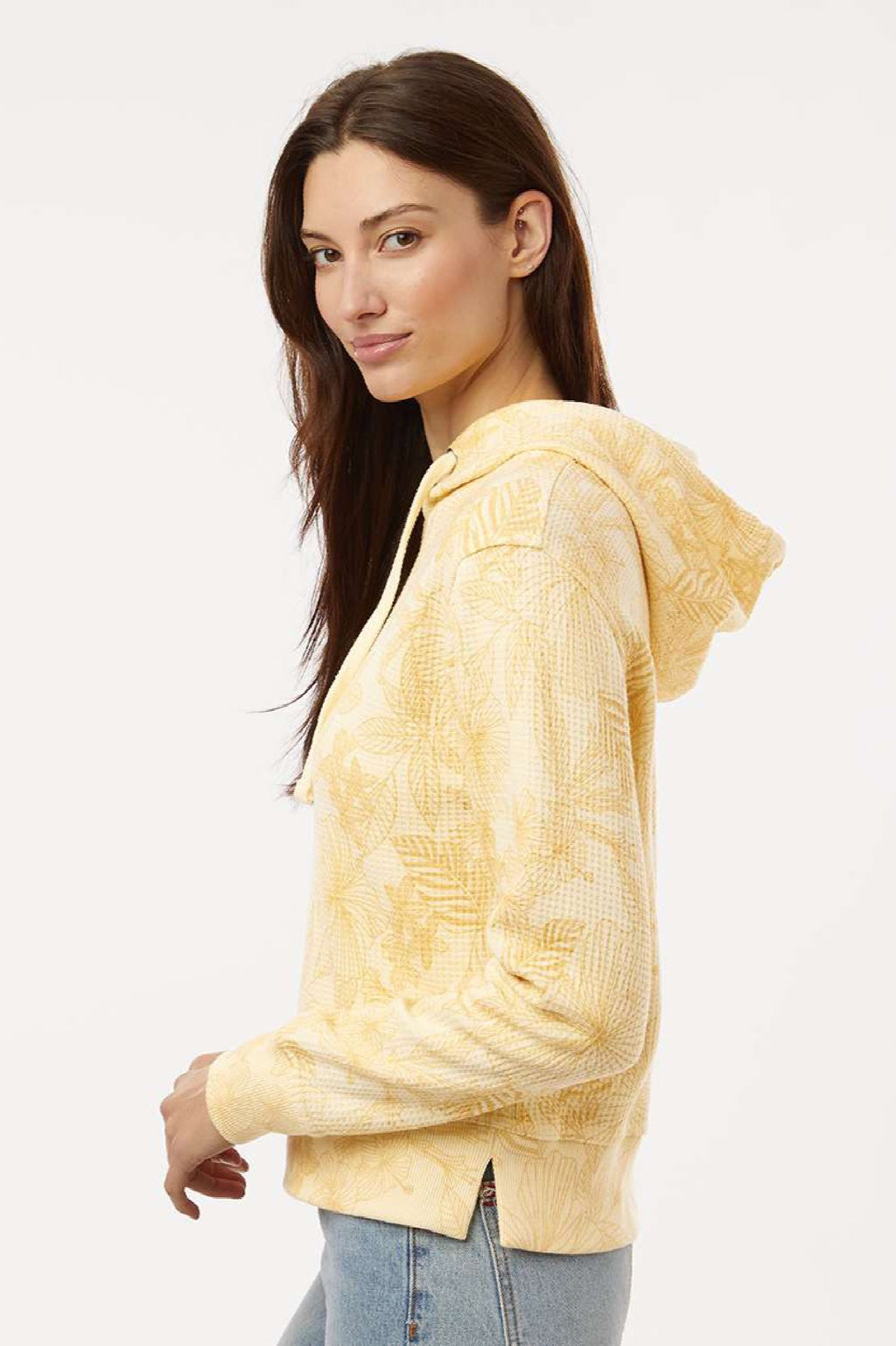 MV Sport W24105 Womens Maddie Floral Print Hooded Sweatshirt Hoodie Sun Ray Yellow Model Side