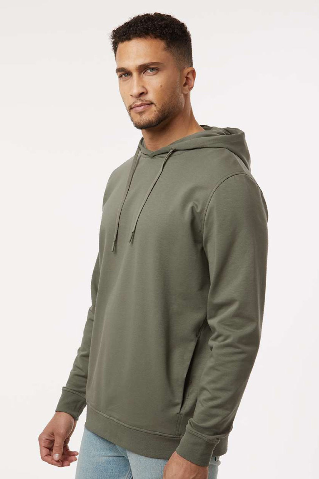 Independent Trading Company EXP25PH Mens Perform Hooded Sweatshirt Hoodie w/ Pockets Pine Green Model Side