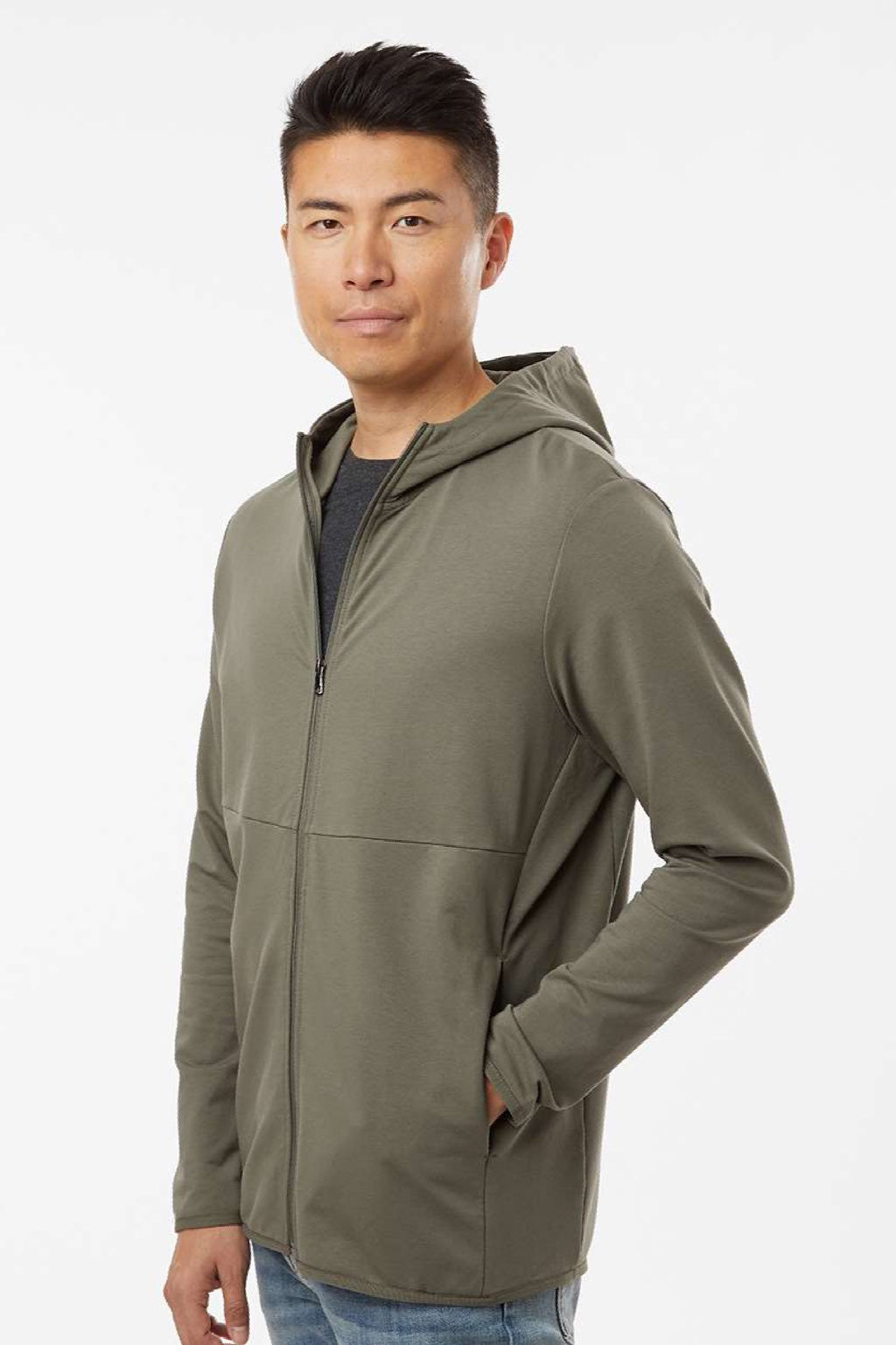 Independent Trading Company EXP30PZ Mens Perform Full Zip Hooded Sweatshirt Hoodie w/ Pockets Pine Green Model Side