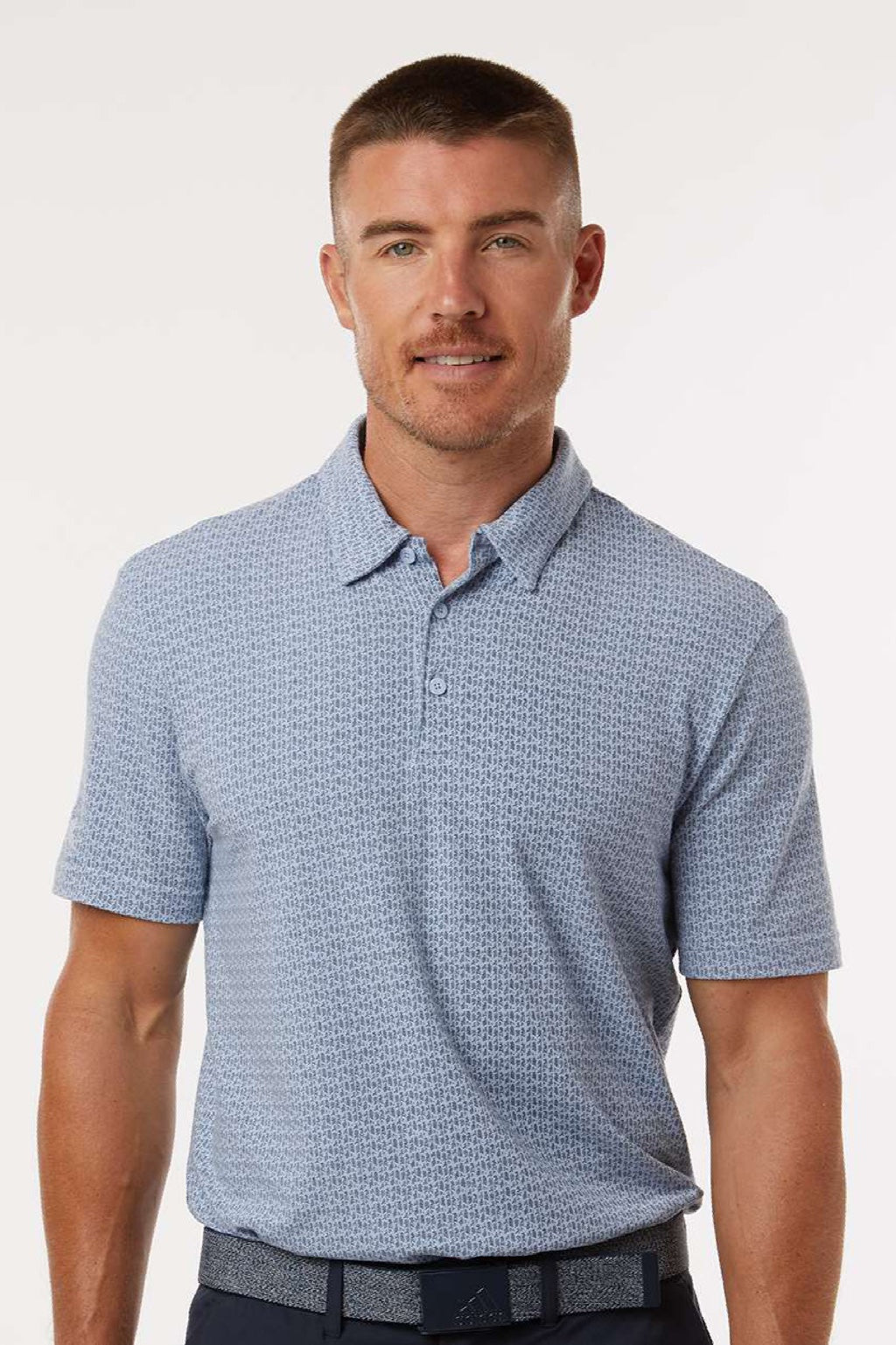 Adidas A702 Mens Printed Short Sleeve Polo Shirt Dawn Blue Melange Model Front