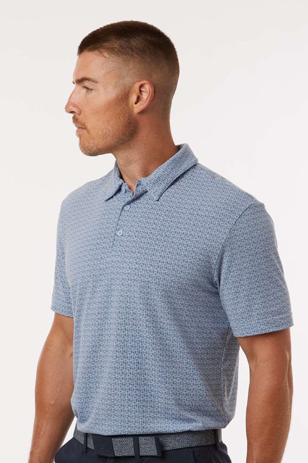 Adidas A702 Mens Printed Short Sleeve Polo Shirt Dawn Blue Melange Model Side