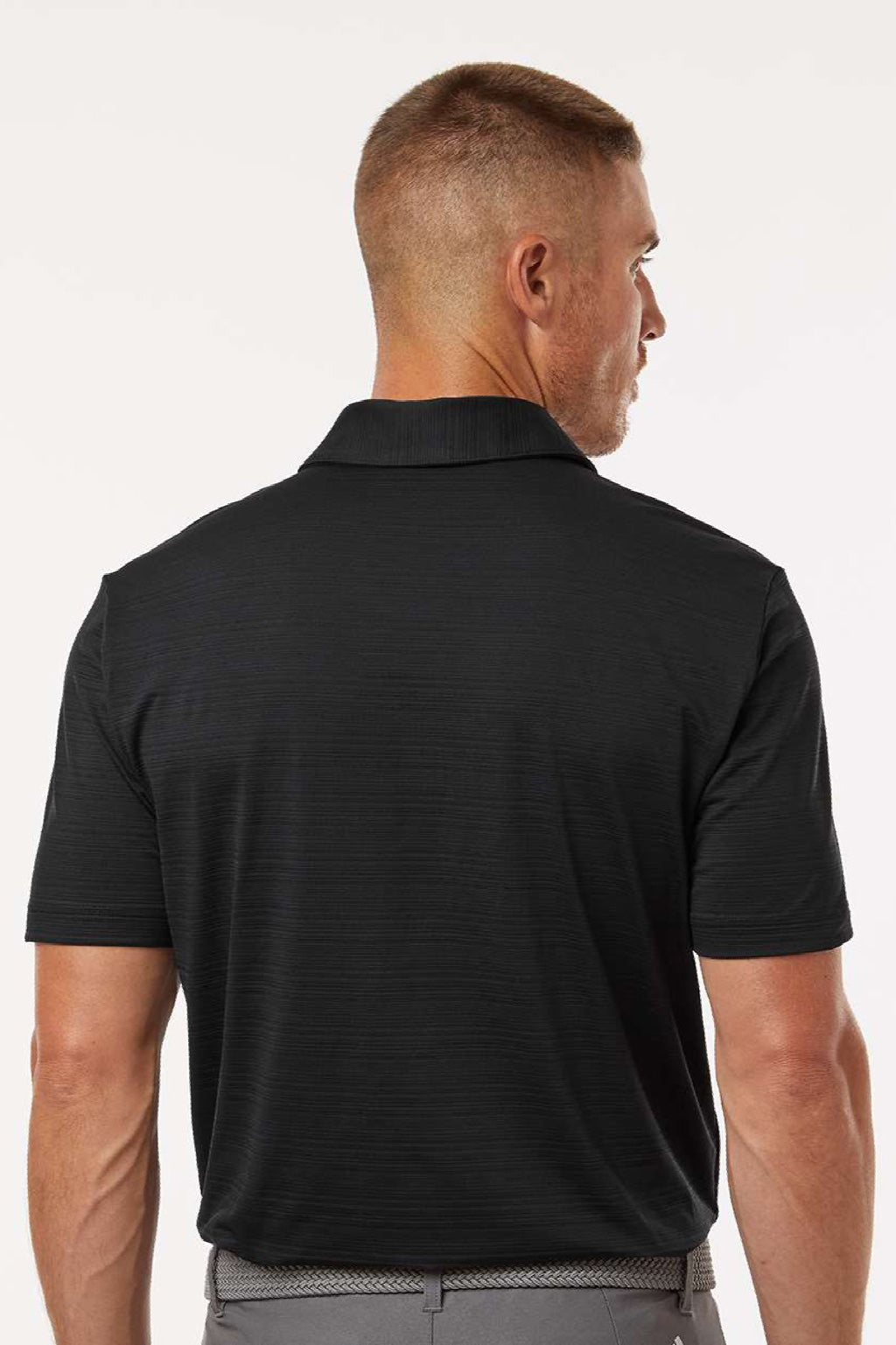 Adidas A704 Mens Textured Stripe Short Sleeve Polo Shirt Black Model Back