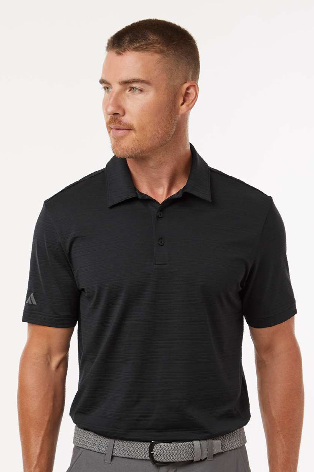 Adidas A704 Mens Textured Stripe Short Sleeve Polo Shirt Black Model Front