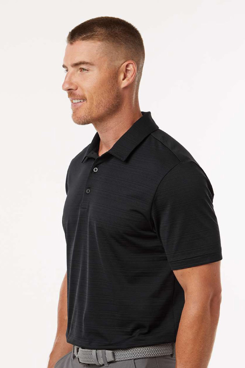 Adidas A704 Mens Textured Stripe Short Sleeve Polo Shirt Black Model Side